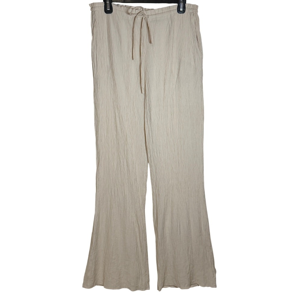 Zara Womens Wide Leg Textured Palazzo Style Pants Cream‎ L Boho Elastic Waist